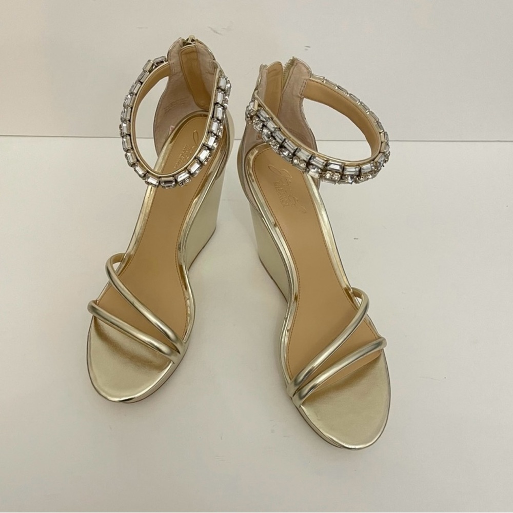 Badgley Mischka Jewel Kathleen Ankle Crystal Strap High Wedge Sandal Size 9 1/2
